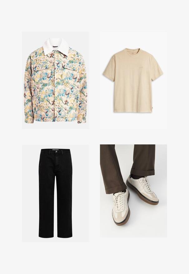 Jachetă cu model floral realizată dintr-un material texturat, prezentând nuanțe de albastru, galben și maroniu, cu un guler din fleece alb și două buzunare frontale.; Tricou din bumbac bej cu guler rotund și mâneci scurte. Prezintă un logo discret "Levi's" în aceeași culoare pe piept. Textură moale.; Pantaloni din denim negri cu croi drept, design clasic cu cinci buzunare și închidere cu nasture la talie. Textură netedă și material durabil.; Adidași bej cu un vârf din suede texturat, laterale din piele netedă și o talpă din cauciuc maro. Șireturile și detalii de cusătură subtilă incluse.