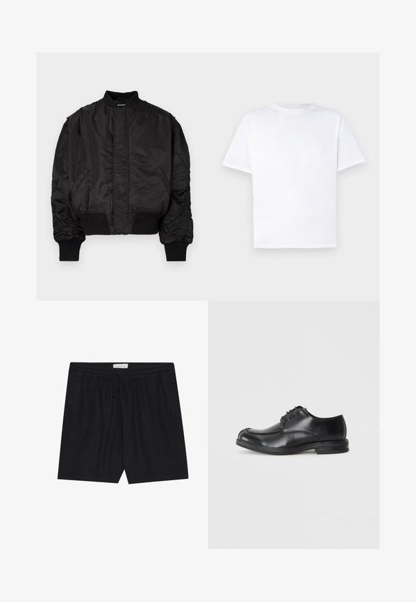 Juoda bombos stiliaus striukė su aukštu apykakliu, pūstomis rankovėmis, ribinėmis rankogaliais ir liemeniu bei lygiu satino paviršiumi. Turi šonines kišenes.; Balta medvilninė marškinė su apvaliu kaklu ir trumpomis rankovėmis. Lygi tekstūra, tiesus kirpimas, be raštų ar akcentų. Tik užpakalinė pusė.; Juodi šortai su elastingu juosmeniu ir raiščiu, pasižymintys glotnia tekstūra ir tiesiu kirpimu, tinkami kasdieniam dėvėjimui.; Juodi odiniai bateliai su raišteliais, su apvalia nosimi, lygiu paviršiumi ir žemu kulnu. Yra siuvimo detalės viršuje ir šonuose.