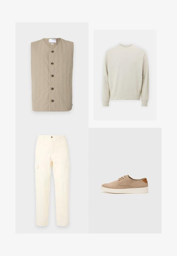 Μπεζ γατζωτό γιλέκο με στρογγυλή λαιμόκοψη και έξι σκούρους κουμπιά μπροστά. Λεπτή υφή και χωρίς μανίκια σχέδιο, κατάλληλο για επικάλυψη.; Ανοιχτό μπεζ φούτερ φτιαγμένο από μαλακό ύφασμα με στρογγυλή λαιμόκοψη, μακριά μανίκια και ριμπ ύφανση στις μανσέτες και το ποδόγυρο. Μινιμαλιστικός σχεδιασμός, χωρίς ορατά μοτίβα.; Ανοιχτό κίτρινες cargo παντελόνες από βαμβάκι, με πλαϊνές τσέπες και ίσια γραμμή, με κλείσιμο με κουμπί στη μέση.; Μπεζ σουέντ αθλητικά παπούτσια με στρογγυλή μύτη, κορδόνια και υφή στην πίσω πλευρά. Λευκή καουτσούκ σόλα προσφέρει αντίθεση. Απλός και μοντέρνος σχεδιασμός.
