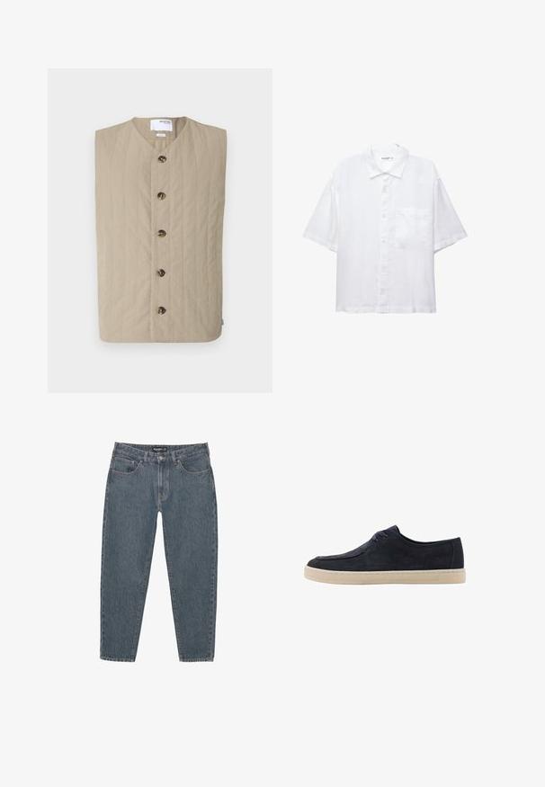 Bež prsluk s pokrovom, okruglog izreza i šest tamnih gumba sprijeda. Ravna tekstura i bez rukava, prikladan za slojevito oblačenje.; Bijela košulja kratkih rukava s kopčanjem sprijeda, ovratnikom i jednim džepom na prsima. Izrađena je od lagane tkanine s glatkom teksturom.; Tamno plave traperice s opuštenim krojem, dizajnom od pet džepova, kopčanjem na dugme i lagano oštrim rubom. Izdržljiv materijal s suptilnom teksturom.; Mornarsko plava nubuk cipela s okruglim vrhom, s dva provrta za vezivanje, i kremasto bijelom gumenom potplatom. Glatka tekstura i minimalistički dizajn.