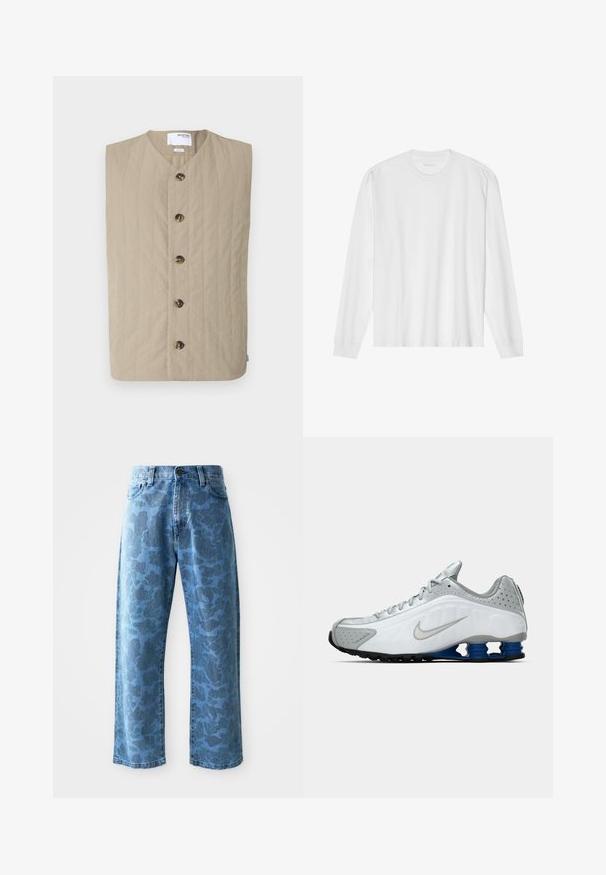 Bež prsluk s pokrovom, okruglog izreza i šest tamnih gumba sprijeda. Ravna tekstura i bez rukava, prikladan za slojevito oblačenje.; Bijela pamučna majica dugih rukava s okruglim izrezom, sa rebrastim manžetnama i ravnim rubom, glatke teksture i minimalističkog dizajna.; Svijetloplave traperice s suptilnim tonskim cvjetnim uzorkom, široke nogavice, dizajn s pet džepova i kopčanje na gumbe na struku.; Bijela i siva Nike tenisica za trčanje sa srebrnim "swoosh"-om, plavi sole s opružnim izgledom i crnim gaznim slojem na jednostavnoj pozadini.