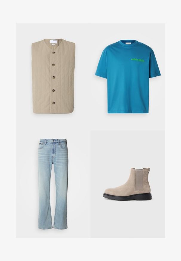 Beige quiltet vest med rund hals krave og seks mørke knapper foran. Flatt tekstur og ermeløs design, passende for lagdeling.; Turkis bomull t-skjorte, med rund hals, korte ermer, med et grønt "calvin klein"-logo trykt på forsiden. Glatt tekstur.; Lyseblå denim jeans med rett ben, med fem lommer, knappelukking og subtile falminger på stoffet.; Beige semsket Chelsea-støvel med elastiske sidestriper, en hanke, og en svart gummisåle. Elegant og avrundet tådesign.