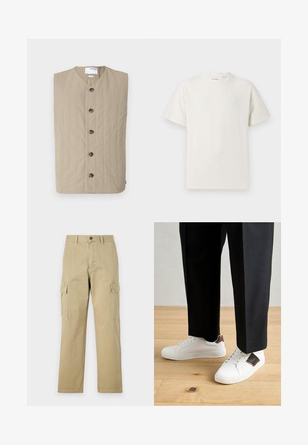 Kreminė siuvinėta liemenė su apvaliu kaklu ir šešiais tamsiais mygtukais priekyje. Lygus tekstūras ir be rankovių dizainas, tinkantis sluoksniavimui.; Balta trumpa rankovė T-polo marškinėlių su juostelėmis tekstūra. Apvalus iškirpimas, laisvas fasonas, jokių matomų raštų ar akcentų. Paprastas ir universalus dizainas.; Kreminės spalvos cargos kelnės, pagamintos iš medvilnės, su dviem šoninėmis kišenėmis, mygtukų užsegimu ir tiesiomis kojomis, šiek tiek tekstūruotu audiniu.; Balti sportbačiai su glotnia danga, puošti rudais odiniais akcentais ir juodais detalėmis, derinami su juodais pritaikytais kelnėmis. Medinių grindų fonas.