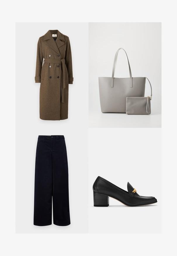 Modström SHAYMD COAT - Trentšmantel - espresso melange; Musthave mustripped tekstuuriga black-collektiivne, puff-taskud, kitsas keha ja kuldne nupumäng õla peal.; Tumes laiad püksid, mis on valmistatud tekstureeritud kangast. Omavad ees nupuvälist sulgemist, vöökohaga silmuseid ja taskuid mõlemal poolel.; Mustast nahast loafers, millel on kuldne aksent, ümar varvas ja 3-tolline plokknõlv. Omab õmblusdetailsid ja sujuvat viimistlust.; Hallhalli sünteetiline kott, millel on kaks pikka sangaga käepidet ja sobiv väike lukuga kott, millel on tut. Sile tekstuur koos peense mustriga.