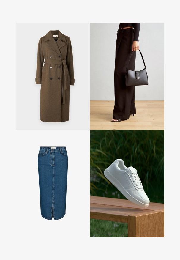 Modström SHAYMD COAT - Trenssi - espresso melange; Harmaa raidallinen pitkähihainen paita, jossa on pyöreä pääntie ja rento istuvuus. Vaaleanharmaat pystyrivit erottuvat tummemmasta kankaan tekstuurista.; Tummansininen denim-mekko, jossa on edessä halkio, viisi taskua ja kontrastiväriset saumat. Keskikorkea vyötärö ja klassinen muotoilu.; Valkoiset tennarit, joissa on sileä synteettinen päällinen, rei'itetty varvasosa, litteät nauhat ja teksturoitu pohja, esillä puupinnalla.; Musta käsilaukku, jossa on rakenteellinen muoto, sileä pinta ja metallinen solki. Yhdistetty leveisiin mustiin housuihin ja avonaiheisiin sandaaleihin puulattialla.