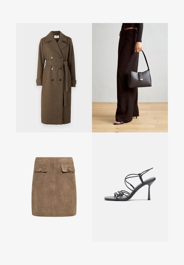 Modström SHAYMD COAT - Trenchcoat - espresso melange; Graues gestreiftes Langarmoberteil mit Rundhalsausschnitt und lockerer Passform. Vertikale Streifen in Hellgrau stehen im Kontrast zur dunkleren Gewebestruktur.; Brauner Wildleder-Minirock mit glatter Textur, ausgestattet mit zwei vorderen Klappentaschen und Druckknopfverschlüssen an beiden Seiten. Schlichtes, gerades Design.; Schwarze, hochhackige Sandalen mit dünnen Riemen und einem geknoteten Design, einer glatten, rechteckigen Zehenpartie und einem eleganten Stiletto-Absatz.; Schwarze Handtasche mit strukturierter Form, glatter Textur und einem metallischen Verschluss. Kombiniert mit weiten schwarzen Hosen und offenen Sandalen auf einem Holzboden.