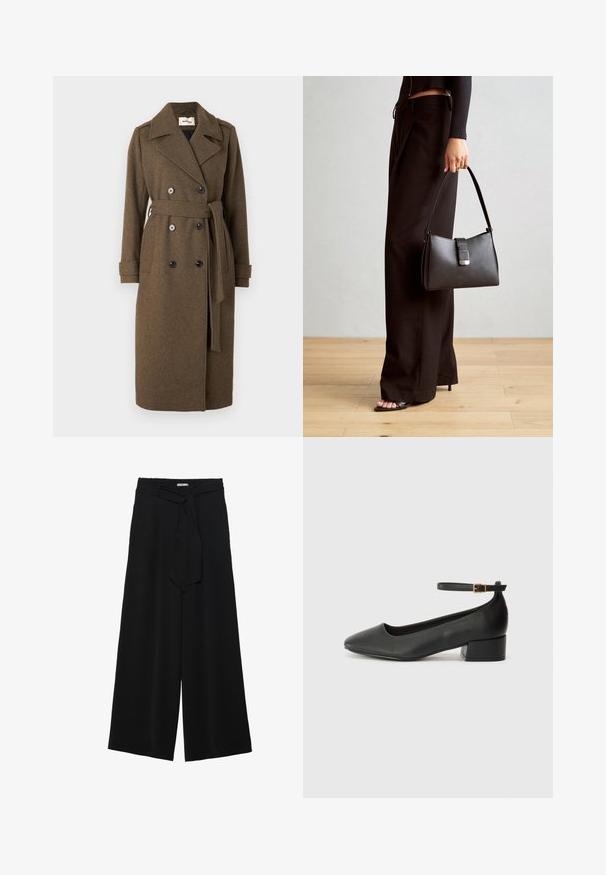 Modström SHAYMD COAT - Trenchcoat - espresso melange; Grijs gestreepte lange mouw top met een ronde halslijn en een ontspannen pasvorm. Verticale strepen in lichtgrijs contrasteren met de donkerder stofstructuur.; Zwarte wijde broek van textuurstof, met een elastische tailleband en een afneembare sjaalstrik in de taille voor een verstelbare pasvorm.; Zwarte leren pump met een spitse neus en een lage blokhak. Beschikt over een enkelband met een goudkleurige gespsluiting. Gladde textuur.; Zwarte handtas met gestructureerde vorm, gladde textuur en een metalen sluiting. Gecombineerd met brede zwarte broeken en sandalen met open teen op een houten vloer.