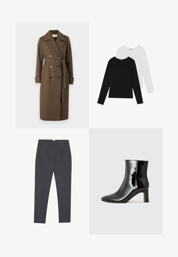 Modström SHAYMD COAT - Trentšmantel - espresso melange; Kaks pikka varrukatoppi, üks must ja teine valge, mõlemad ruudukujulise kaelusega ja valmistatud pehmest, venivast kangast.; Tumed hallid kitsad püksid küljetaskute ja esikortsudega, loodud kohandatud istuvuse jaoks.; Must-sinine nahkjalats musta läikiva viimistlusega, millel on terav nina ja keskmise kõrgusega plokk konts. Sile tekstuur ja minimalistik disain.