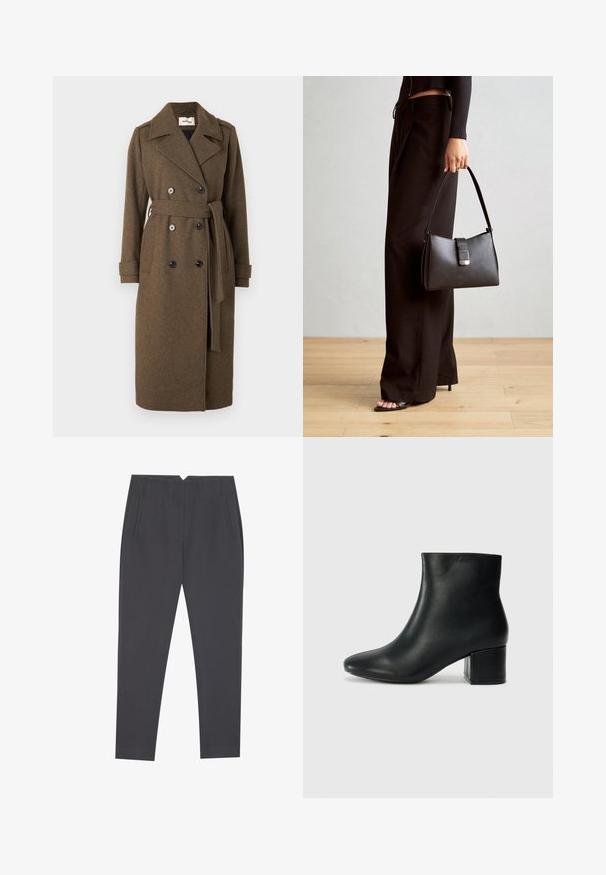 Modström SHAYMD COAT - Šineļveida mētelis - espresso melange; Melna garām piedurknēm krekls ar izplestu aproču, maigu tekstūru un brīvu piegriezumu, ar vienkāršu apaļu dekoltē.; Tumši pelēki iešūti bikses ar sānu kabatām un priekšējiem piegriezumiem, kas izstrādātas pieguļošai piegriezuma formai.; Melna ādas potīšu zābaki ar smailu purngalu un masīlu papēdi. Gluda tekstūra ar minimāliem akcentiem un gludu, pieguļošu dizainu.; Melnā somiņa ar strukturētu formu, gludu tekstūru un metālu sprādzi. Saskaņota ar platām melnām biksēm un sandālēm ar atvērtu purngalu uz koka grīdas.