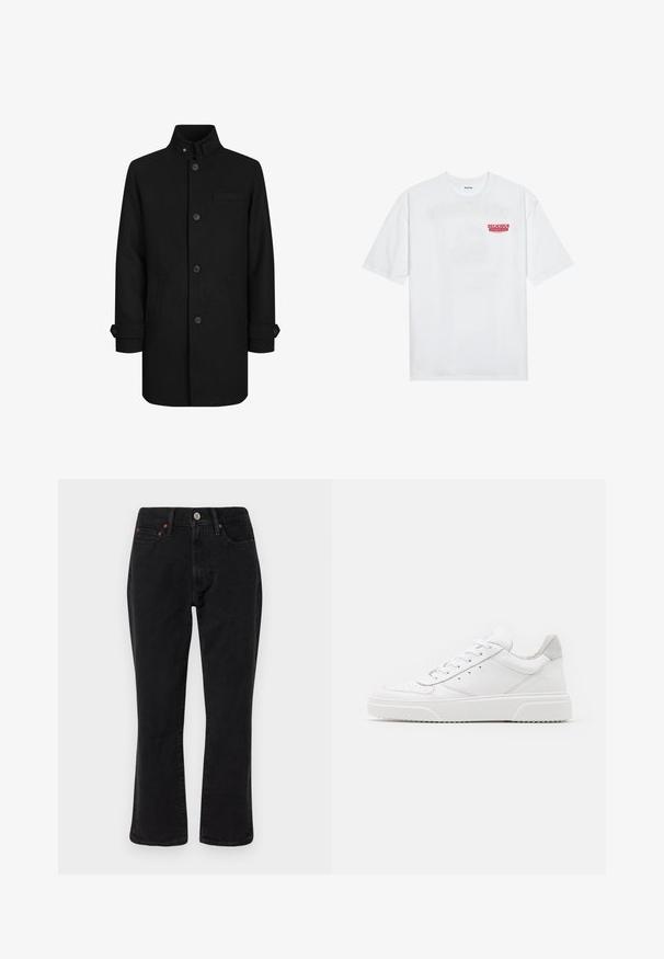 Černý kabát z vlněné směsi s vysokým límcem, předním zapínáním na knoflíky, dvěma bočními kapsami a jedinou náprsní kapsou. Obsahuje detaily na manžetách rukávů.; Bílý bavlněný tričko s krátkým rukávem a kulatým výstřihem, na přední straně s červeným grafickým textem "VYNIKAJÍCÍ OSVĚŽUJÍCÍ OVOCNÝ".; Černé džíny z denimu s rovnými nohavicemi, pěti kapsami a kovovými doplňky s měděnými akcenty. Hladká textura a střední pas.; Bílé kožené tenisky s hladkým povrchem, zaoblenou špičkou, plochými tkaničkami a texturovanou podrážkou. Šedý semišový detail na patě.