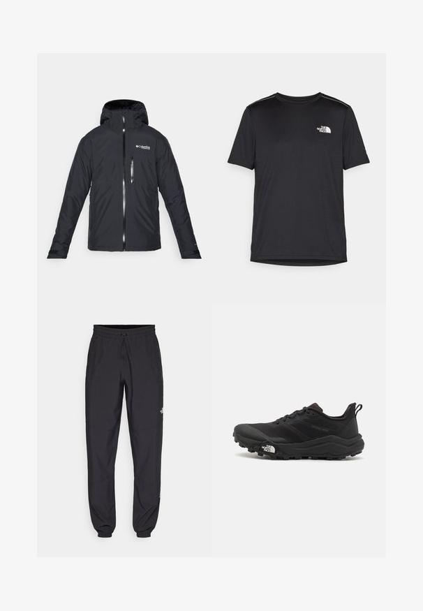 Black insulated jacket with a zip front, adjustable hood, and contrasting zippers. Features a chest pocket and snug cuffs for warmth.; Black short-sleeve T-shirt made from lightweight fabric. Features a small white logo on the left chest and subtle shoulder accents.; Black athletic pants made from lightweight fabric, featuring a drawstring waistband, side pockets, and tapered cuffs at the ankles.; Black trail running shoe with a textured upper, rubber sole, and reinforced toe cap. Features a padded collar and pull tab for easy wear.