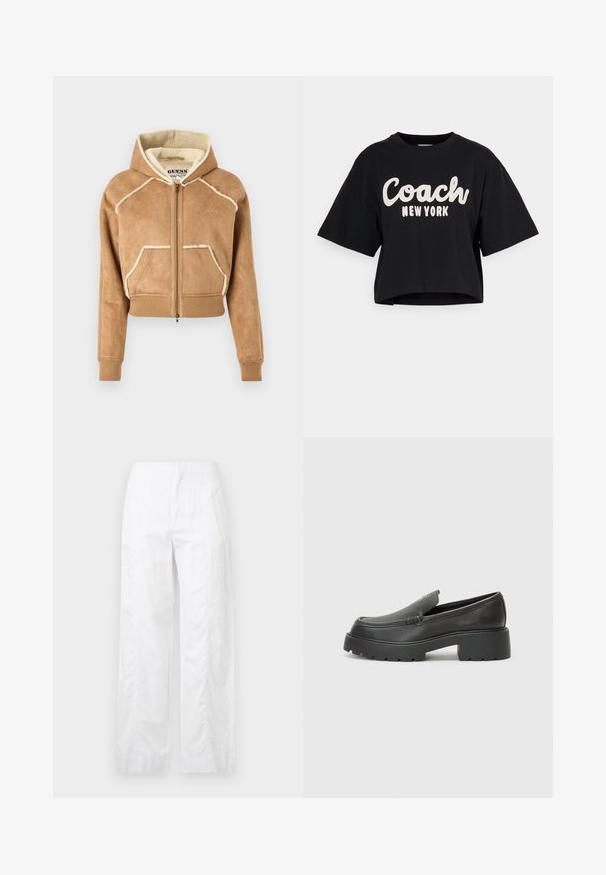 Izgriezta brūna zamšādas kapuce ar pūkainu oderi, ar rāvējslēdzēju priekšā, priekšējām kabatām un ribotām aprocēm un apakšmalu. Baltas akcentu stiklojums.; Melna īsā krekla ar īsām piedurknēm, izgatavots no kokvilnas, ar lielu balto tekstu "Coach New York" uz priekšpuses. Gluda tekstūra.; Baltas, plaša kāju bikses, izgatavotas no viegla auduma, ar gludu tekstūru, tīrām līnijām un augstu jostasvietu.; Melnas ādas mokasīni ar noapaļotu purngalu, biezs teksturēts zoles un minimālas dūriena detaļas. Gluds dizains bez redzamām auklām vai metāla elementiem.