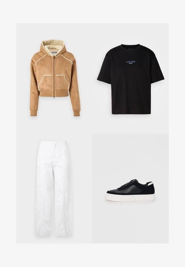 Kratka rjava sued jakna s krznim podlogom, z zadrgo spredaj, sprednjimi žepi ter rebrastimi manšetami in robom. Bele dekorativne niti.; Črna bombažna majica s krožnim izrezom, kratkimi rokavi in modrim vezenim logotipom "Calvin Klein JEANS" na sprednji strani.; Bela široka hlače iz lahkega materiala, ki se ponašajo z gladko teksturo, čistimi linijami in visokim pasom.; Črne športne copate z gladko usnjeno in semišnimi paneli, ravnimi vezalkami, zaobljenim nosom in belim gumijastim podplatom. Oznaka na peti.