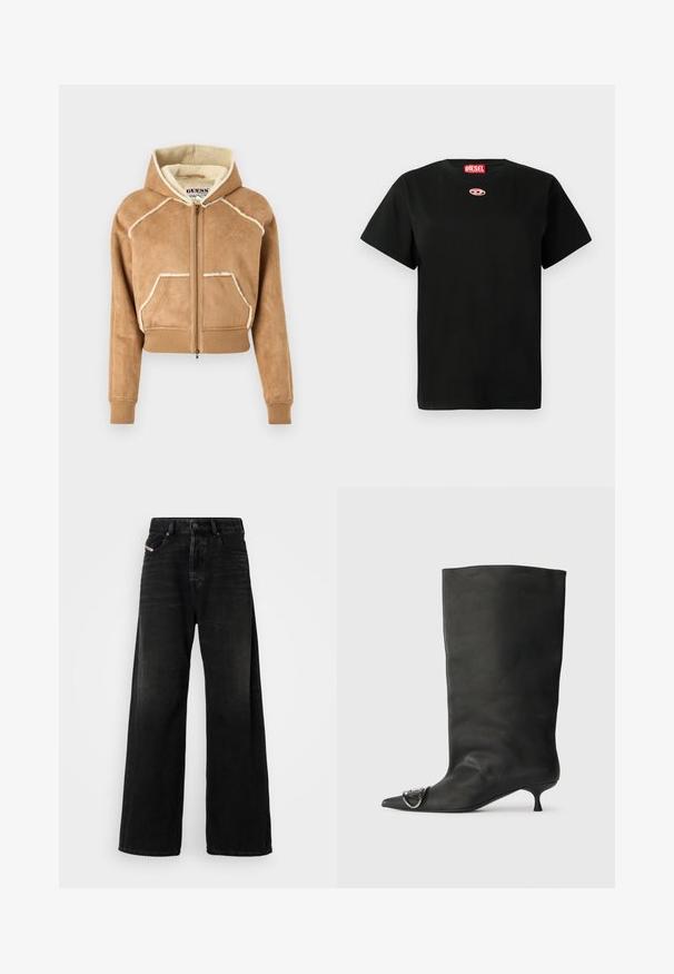 Zkrácená hnědá surová mikina s chlupatou podšívkou, s předním zipem, předními kapsami a žebrovanými manžetami a lemem. Bílý akcentní šev.; Černé tričko Diesel s krátkým rukávem, na hrudi s malým růžovým logem a červenou visačkou Diesel uvnitř límce.; Široké černé džíny z denimu s vysokým pasem, vybavené zapínáním na knoflík, předními kapsami a bledým texturou.; Černá kožená kotníková bota s špičatou špičkou, malým podpatkem a kovovým akcentem na špičce. Hladký, matný povrch po celém obvodu.