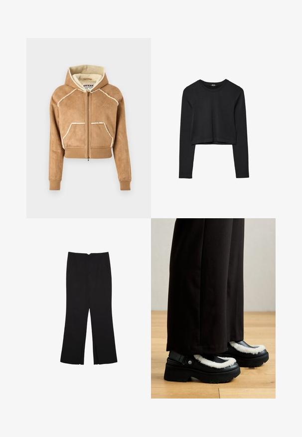 Krótkie brązowe welurowe hoodie z futrzanym wykończeniem, z zamkiem błyskawicznym z przodu, kieszeniami z przodu oraz ściągaczami na mankietach i u dołu. Białe akcenty w szwach.; Czarny krótki top z długim rękawem, okrągłym dekoltem, gładkim wzorem i lekko zaokrąglonym dołem.; Czarne spodnie o prostym kroju, z przednimi kieszeniami i bocznymi rozcięciami na dole. Wykonane z miękkiego, gładkiego materiału. Odpowiednie na różne okazje.; Czarne buty na platformie z białym futrzanym wykończeniem, zaokrąglonym noskiem i paskiem z metalowym guzikiem. Nosi je osoba w czarnych spodniach na drewnianej podłodze.