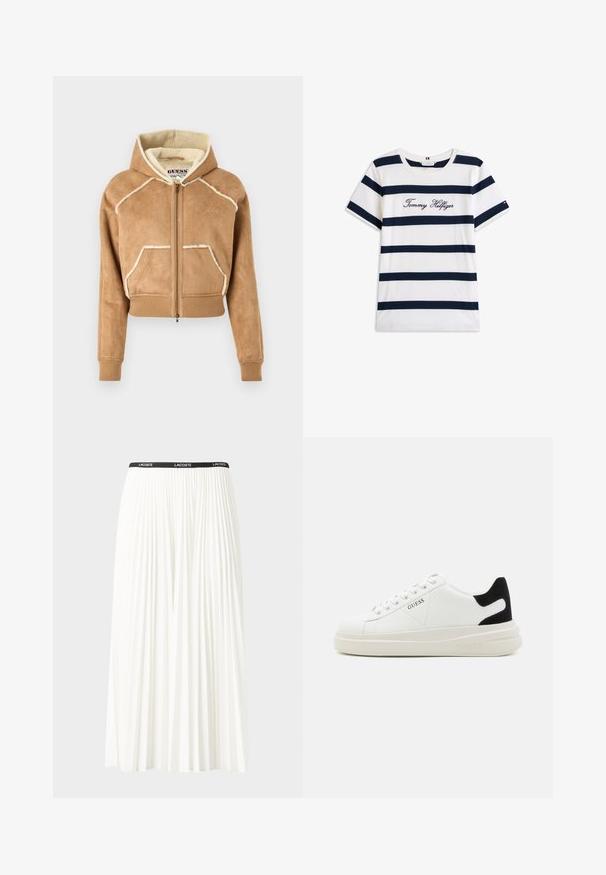 Felpa corta in suede marrone con fodera pelosa, dotata di zip frontale, tasche anteriori e polsini e orlo a costine. Cuciture bianche a contrasto.; T-shirt in cotone con righe orizzontali blu navy su sfondo bianco. "Tommy Hilfiger" ricamato in corsivo sul petto. Collo a giro.; Gonna bianca plissettata con elastico nero in vita che presenta il logo "LACOSTE". Design di lunghezza media con texture morbida.; Sneaker bianchi in pelle con suola spessa bianca, accento in suede nero sul tallone e logo impresso sul lato. Design con lacci e sei fori per i lacci.