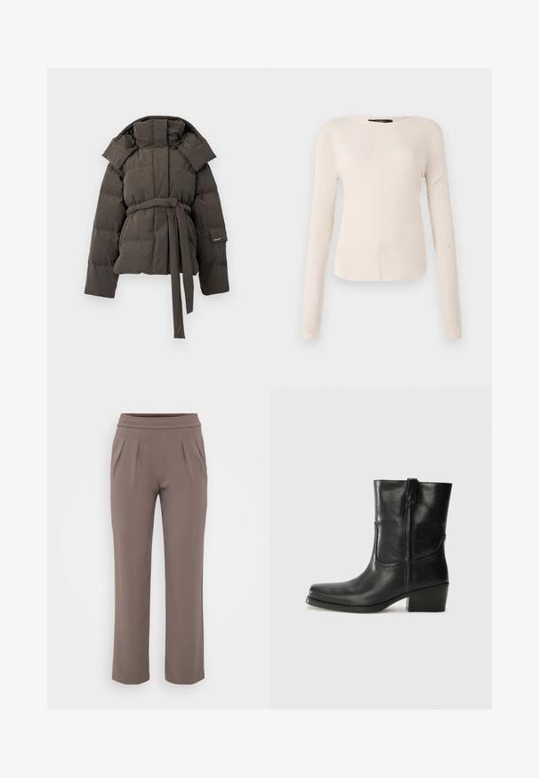 Puffer jacket in dark gray, featuring a belted waist, oversized collar, and stitched padding. Smooth texture, no visible patterns or hardware.; Long-sleeve, light beige top with a round neckline. Made of soft fabric, features a central seam and slightly curved hem. No visible hardware.; Taupe loose-fit trousers with elastic waistband and front pleats, made from smooth fabric.; Black leather ankle boot with a rounded toe, block heel, side zipper, and stitching accents on the vamp. Smooth texture, classic design.
