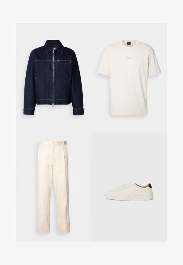 Casaco de ganga azul escuro com fecho frontal de zip, gola pontuda e um bolso no peito com detalhes de costura em contraste.; BOSS TEE - T-shirt básica - open white; Calças de algodão bege com corte reto, apresentando um fecho de botão e pregas na frente para um detalhe adicional.; Sapatilhas brancas com um cabedal em couro liso, bico redondo e sola plana. Detalhe preto no calcanhar, com atacadores tonais e uma marcação minimalista.