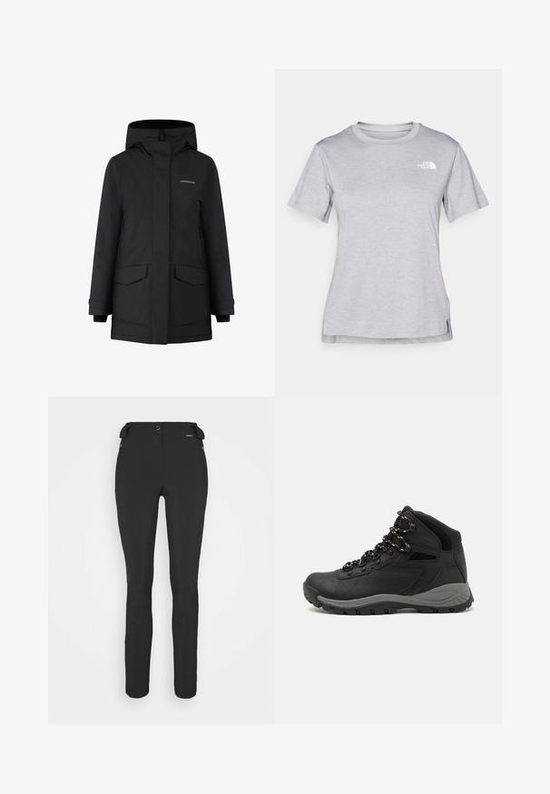 Czarna wodoodporna kurtka z kapturem, zamkiem błyskawicznym, dwoma przednimi kieszeniami i logo. Gładka zewnętrzna powierzchnia, luźny krój i wykończenia mankietów.; Szara, krótkozasięgowa koszulka wykonana z miękkiego, odprowadzającego wilgoć materiału. Posiada okrągły dekolt oraz małe białe logo w górnym lewym rogu.; Czarne, dopasowane spodnie wykonane z elastycznego materiału. Cechy to kieszeń boczna na zamek, strefowe kolana oraz gładka faktura.; Czarne buty trekkingowe z średnim cholewem, z teksturowaną cholewą, szarymi akcentami oraz trwałą gumową podeszwą z wypustkami zapewniającymi przyczepność.