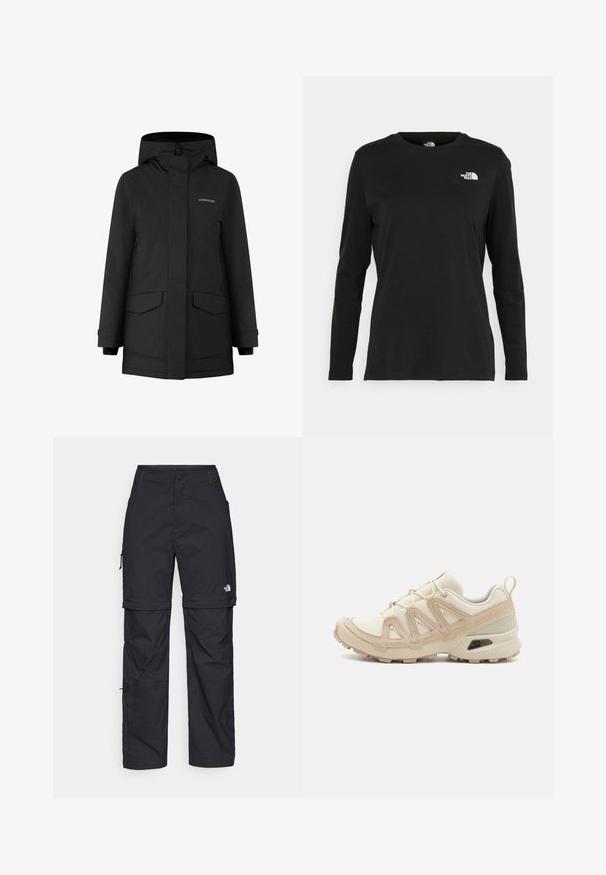Čierna nepremokavá bunda s kapucňou, zapínaním na zips, dvoma prednými vreckami a logom. Hladký vonkajší materiál s voľným strihom a detailmi na manžetách.; Čierne tričko s dlhým rukávom vyrobené z bavlny s okrúhlym výstrihom. Obsahuje malé biele logo na ľavej strane hrudníka. Jednoduchý dizajn a strih.; Čierne nylonové cargo nohavice s odnímateľnými nohavicami, nastaviteľnými manžetami, viacerými vreckami a logom na pravej nohe. Hladká, ľahká textúra.; Beige a krémová športová obuv s textúrovaným sieťovým zvrškom, podporujúcimi prekrytiami a gumovou podrážkou s dezénom pre trakciu.