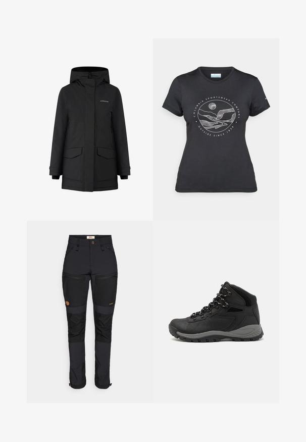 Čierna nepremokavá bunda s kapucňou, zapínaním na zips, dvoma prednými vreckami a logom. Hladký vonkajší materiál s voľným strihom a detailmi na manžetách.; Čierne tričko Columbia s bielou kruhovou grafikou hory a rieky a textom "Columbia Sportswear Company vonku od roku 1938."; Fjällräven KEB AGILE TROUSERS - Outdoorové nohavice - black; Čierna turistická obuv s polovičným strihom, s textúrovaným zvrškom, šedými akcentmi a odolnou gumovou podrážkou s protišmykovými hrebienkami.