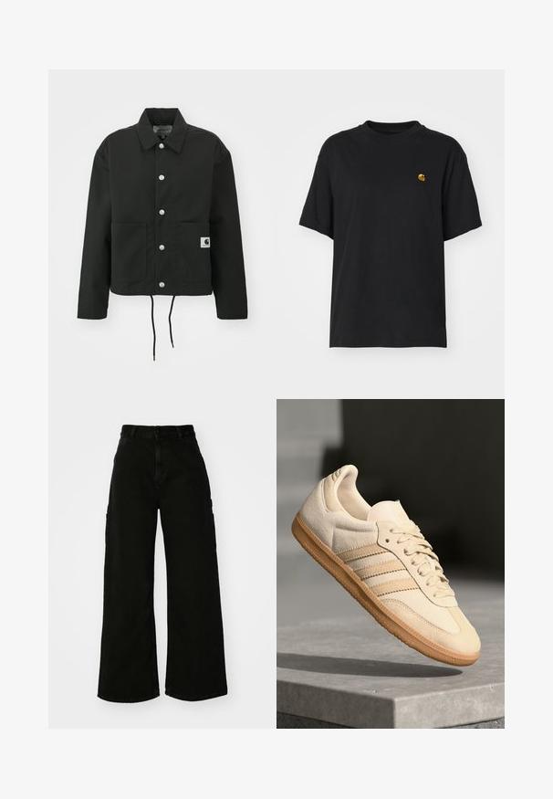 Juodas trumpas švarkas, pagamintas iš tvirto audinio. Savybės: klasikinė apykaklė, sidabriniai mygtukai, dvi priekinės kišenės ir reguliuojamas raištelis aptempimui.; Juoda medvilnės marškinėliai su laisvu siluetu. Turi apvalų kaklą ir trumpas rankoves. Ant krūtinės yra maža auksinė siuvinėta logo.; Juodos plačios kojų kargo kelnės, pagamintos iš džinsinio audinio, su aukštu liemeniu, priekiniais mygtukų uždarymais ir šoniniais kišenėmis. Lygus audinio paviršius su minimaliais siūlais.; Šviesiai ruda veliūrinė sportinė avalynė su guminiais padais, trimis įstrižomis juostelėmis ir tekstūruotu pirštų apsauginiu. Ant liežuvio ir šono yra logotipas.