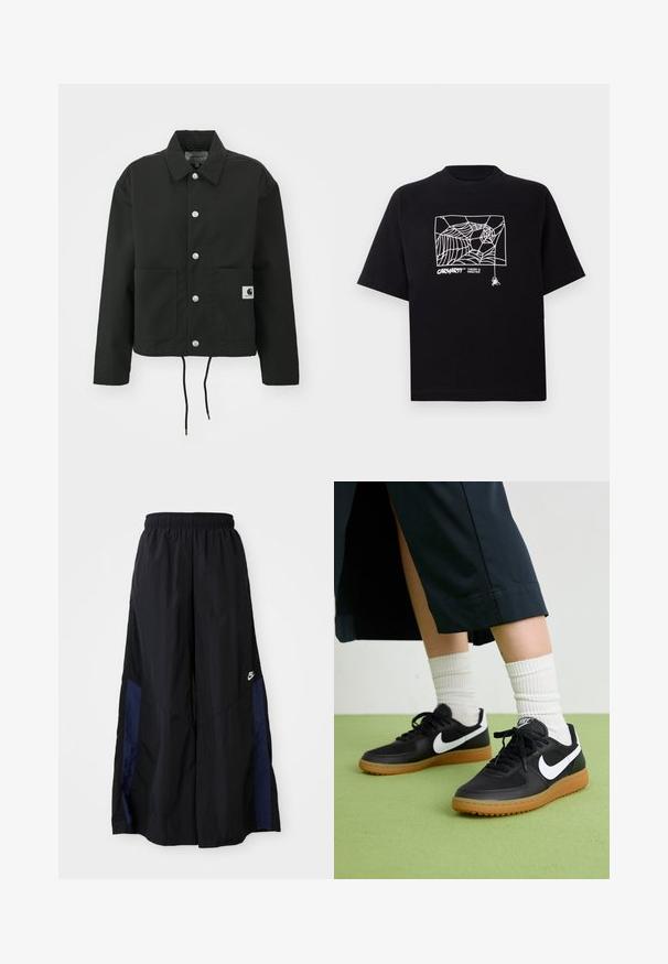 Schwarz gekürzte Jacke aus strapazierfähigem Stoff. Mit klassischem Kragen, silbernen Druckknöpfen, zwei Fronttaschen und verstellbarem Kordelzug am Saum.; Schwarzes T-Shirt aus Baumwolle mit kurzen Ärmeln. Mit einem weißen Spinnennetz-Graphic und Logo auf der Vorderseite. Einfacher runder Ausschnitt.; Schwarze weit geschnittene Hose aus leichtem Stoff, mit einem dunkelblauen Seitenpanel und einem elastischen Bund. Kleines weißes Logo am unteren Ende.; Schwarze Leder- und synthetische Sneakers mit weißem Nike-Swoosh, Gummisohle, runder Spitze und schwarzen Schnürsenkeln. Gestreifte weiße Socken sind sichtbar.