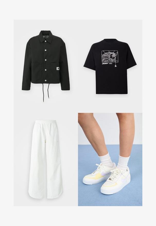 Čierna krátka bunda vyrobená z odolnej tkaniny. Obsahuje klasický golier, strieborné cvoky, dve predné vrecká a nastaviteľný šnúrkový lem.; Čierne tričko z bavlny s krátkymi rukávmi. Na prednej strane má biely grafický motív pavučiny a logo. Jednoduchý zaoblený výstrih.; Biele široké športové nohavice s ribbovaným pásom a jemným logom. Hladká tkanina s uvoľneným strihom a zúženým lemom.; Biele kožené tenisky s žltými a levanduľovými akcentmi, okrúhle špičky, ploché šnúrky a textúrovaná gumová podrážka. Nosené s bielymi ponožkami.