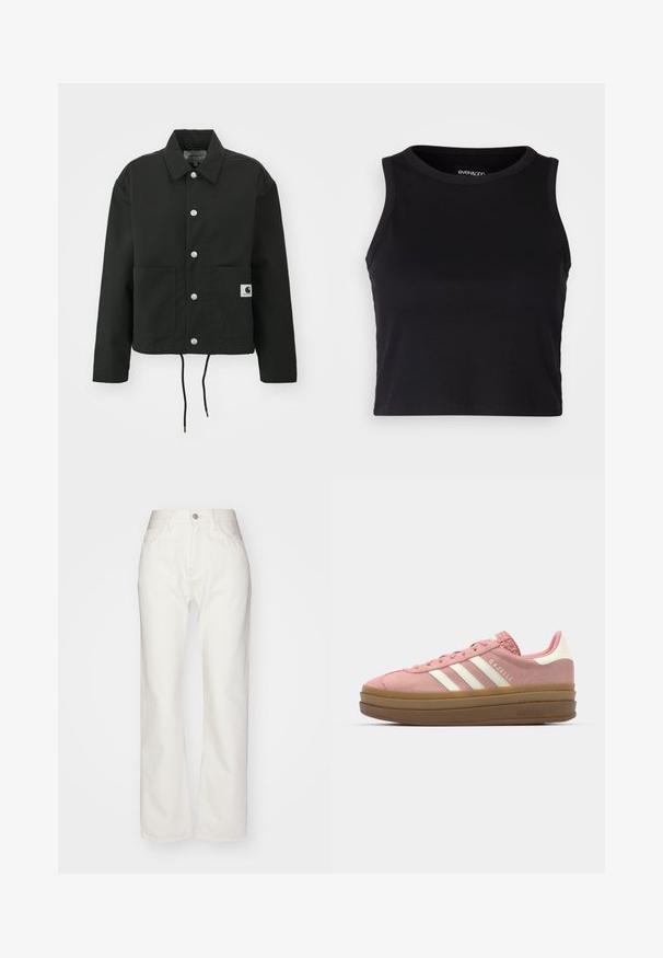 Giacca nera cropped realizzata in tessuto resistente. Presenta un colletto classico, bottoni automatici argentati, due tasche frontali e orlo regolabile con coulisse.; Top corto a costine nero con scollatura rotonda e design senza maniche. Realizzato in tessuto morbido ed elastico, presenta bordi rifiniti con cura.; Pantaloni in denim bianco con vita alta e taglio ampio. Presentano chiusura con bottone e zip, passanti per cintura e dettagli di cucitura sottili.; adidas Originals GAZELLE BOLD - Sneakers basse - mauve/off white