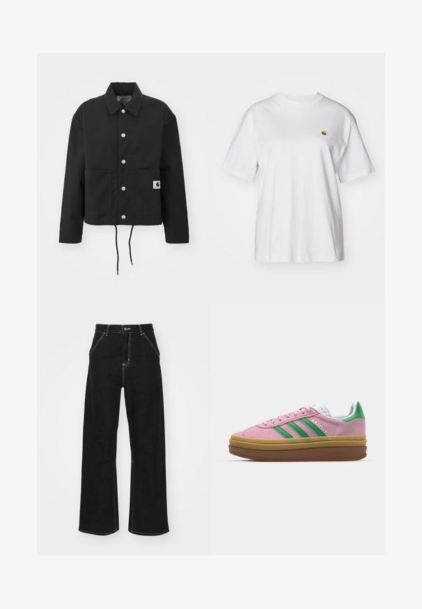 Black cropped jacket made of durable fabric. Features a classic collar, silver snap buttons, two front pockets, and adjustable drawstring hem.; White cotton t-shirt with a relaxed fit, short sleeves, and a small embroidered logo on the left chest area.; Black wide-leg jeans made of denim, featuring contrasting white stitching and a front button closure, with two angled front pockets.; Pink suede sneakers with green stripes, white accents, and a brown rubber sole. Features textured fabric and logo detailing on the side.