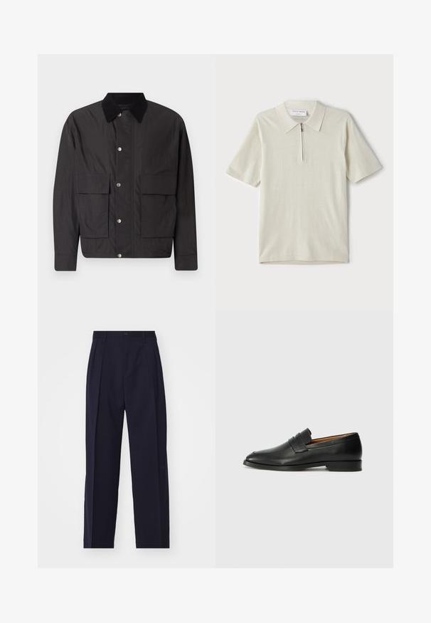Giacca nera in tessuto liscio con colletto, bottoni a pressione e due tasche anteriori. Presenta un fit rilassato e un design minimale.; Polo a maniche corte in beige chiaro con colletto zip. Realizzato in tessuto morbido, presenta un design semplice e moderno, privo di motivi.; Pantaloni blu navy, su misura, con un design a gamba dritta, pieghe sul davanti, chiusura con bottone e senza tasche visibili. Tessuto di texture liscia.; Mocassino in pelle nera con punta arrotondata, dettagli cuciti sottili e tacco basso, caratterizzato da una texture liscia e un design minimalista.