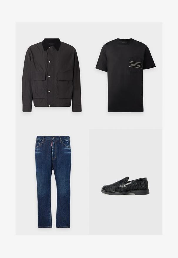Black jacket made of smooth fabric with a collar, snap buttons, and two front pockets. Features a relaxed fit and minimal design.; Black short-sleeve t-shirt made of cotton, featuring a close-up chest pocket with a logo and two horizontal stripes in white and gold.; Dark blue denim jeans with a straight-leg fit, featuring light fading, yellow stitching, front pockets, and a button closure.; Black woven slip-on shoe with a smooth leather accent on the upper, a round toe design, and a low-profile rubber sole.