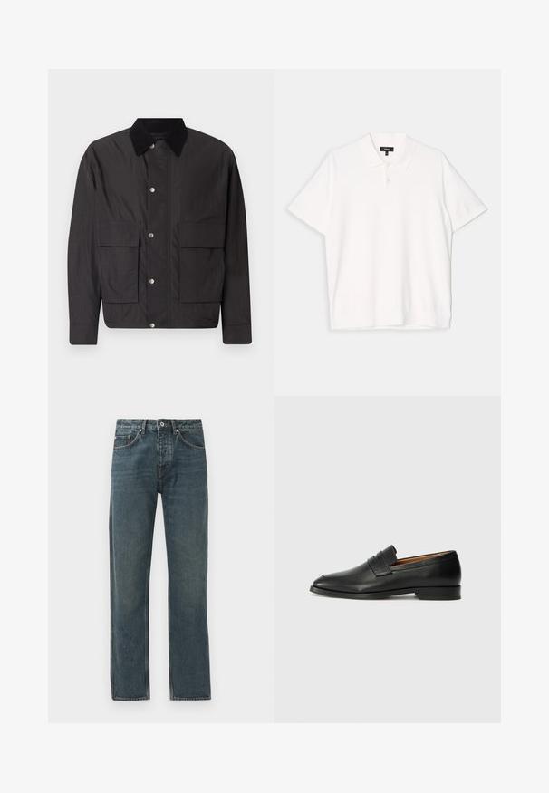 Schwarze Jacke aus glattem Stoff mit Kragen, Druckknöpfen und zwei Vordertaschen. Sie bietet einen lässigen Schnitt und ein minimalistisches Design.; Weißes Kurzarm-Polohemd mit klassischem Kragen, Dreiknopf-Leiste und geradem Saum. Weicher Stoff und einfaches Design.; Dunkelblaue Denim-Jeans mit geradem Bein-Design, ausgestattet mit fünf Taschen, einem Knopfverschluss und kontrastierenden Steppdetails.; Schwarze Leder-Slipper mit runder Zehenform, dezenten gestickten Details und niedrigem Absatz, ausgestattet mit glatter Textur und minimalistischem Design.