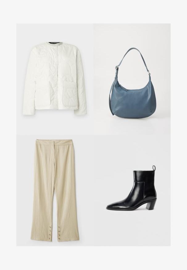 Fehér steppelt dzseki kerek nyakrésszel, patentos záródással és két elülső zsebbel. Puha anyag finom dombornyomott mintával.; Fehér pamut póló rövid ujjakkal, kerek nyakkivágással és laza szabással. Sima textúra, nincsenek minták vagy díszítések, minimalista dizájn.; Bézs színű, bő szárú nadrág, texturált anyagból. Lapos derékrésszel és öt gombbal rendelkezik az alján a zárás érdekében. Gyűrött dizájn.; Fekete bőr bokacsizma hegyes orral, geometrikus, rétegelt sarokkal és hátsó húzófüllel. Sima textúra és kifinomult dizájn.; Kerekded formájú, kék bőr kézitáska, egyetlen vállpánttal, cipzárral záródik, az elülső részen domborított márkanevével. Simák a textúrája.