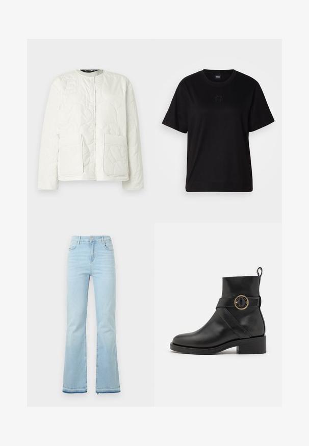 Prešivena bijela jakna s okruglim izrezom, kopčama na drukere i dva prednja džepa. Mekani materijal s diskretnim utisnutim uzorkom.; Crna pamučna majica s okruglim izrezom, kratkim rukavima i izvezenim logotipom na prsima. Jednostavan, opušten kroj bez uzorka.; Svijetloplave traperice s širim nogavicama, visokog struka, s prednjim džepovima i sirovim rubom na manžetama za ležeran izgled.; BOSS IRYNA BOOTIE - Gležnjače s platformom - black