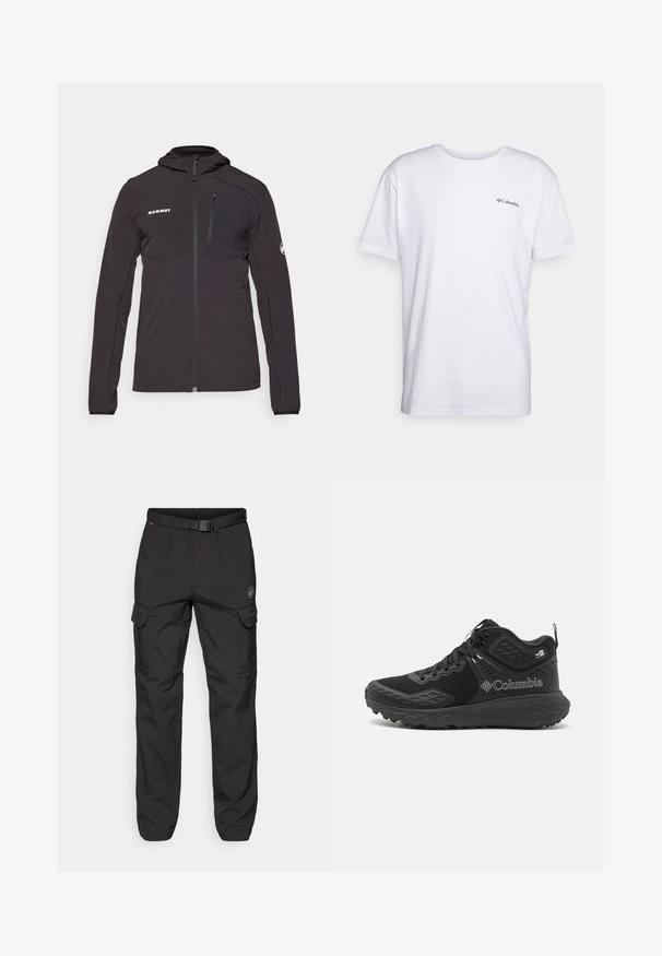 Czarna, lekka kurtka z kapturem, z zamkiem błyskawicznym z przodu i teksturowaną powierzchnią. Posiada kieszeń na piersi oraz białe logo po lewej stronie.; Biała bawełniana koszulka z krótkim rękawem, okrągłym dekoltem i małym czarnym logo Columbia nadrukowanym na piersi. Gładka tekstura.; Czarne spodnie cargo z paskiem, wieloma bocznymi kieszeniami i naszywką z logo. Wykonane z wytrzymałego materiału o gładkiej teksturze.; Czarne buty turystyczne z siateczkową cholewką, teksturowanymi akcentami, amortyzowaną podeszwą i wyraźnym logo. Posiadają bezpieczny system sznurowania oraz uchwyt.
