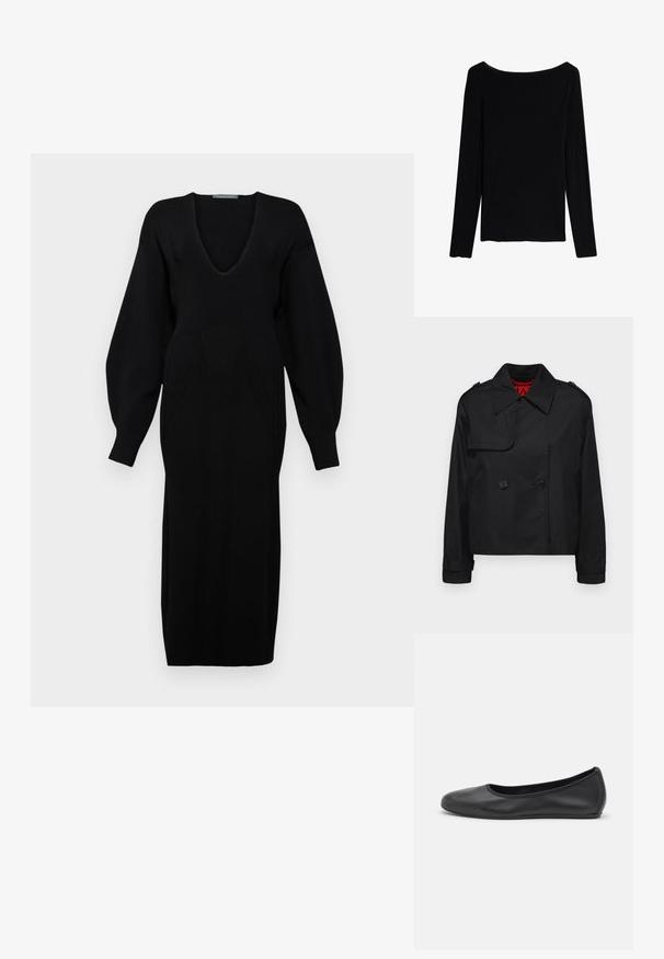 MAX&Co. MOLLA - Summer jacket - schwarz; Black knitted dress with a deep V-neck, long voluminous sleeves, and textured pattern detailing on the bodice.; Intimissimi CHRISTMAS - Long sleeved top - black; Black leather ballet flat with a rounded toe, smooth texture, minimal stitching detail, and a flexible sole design.