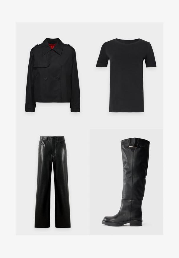 MAX&Co. MOLLA - Skraistė - schwarz; Juodas trumpas rankovėmis marškinėlis, pagamintas iš minkštos medvilnės, su apvaliu iškirpimu ir klasikiniu siluetu. Lygus paviršius, be raštų ar puošmenų.; Juodos odinės plačios kelnės su lygia apdaila, su mygtuku ir užtrauktuku, priekinėmis kišenėmis ir kontrastingais siuvinėjimo akcentais.; Knee-high juodi odiniai batai su lygiu paviršiumi, apvaliu pirštu ir žemu bloko kulnu. Viršutinėje pusėje yra sidabrinis akcentas.