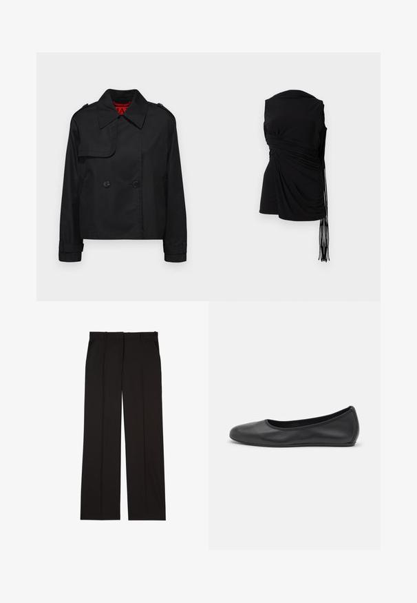 MAX&Co. MOLLA - Skraistė - schwarz; Juodas be rankovių viršus su drapiruota medžiaga, šoniniu rinkimu ir pailgu frango detaliu, pasižymintis lygia tekstūra ir prigludusia siluetu.; Juodos pritaikytos kelnės, pagamintos iš lygaus audinio, su tiesiomis kojomis ir dviem šoniniais kišenėmis. Elegantiška ir minimalistinė konstrukcija.; Juodai odiniai baletai su apvaliu pirštu, lygi texture, minimalus siuvimo detales ir lanksčiu padų dizainu.