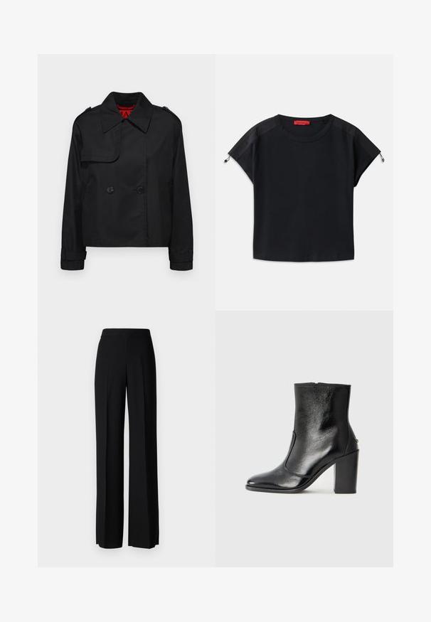 MAX&Co. MOLLA - Summer jacket - schwarz; Black cropped t-shirt with round neck. Features soft fabric with satin panels on shoulders and drawstring details at the sleeves.; Black wide-leg trousers with a smooth texture, featuring a high waistband and center pleats. No visible patterns or hardware details.; Black leather ankle boot with a smooth texture, pointed toe, and a chunky high heel. Features a side opening and minimalistic design.