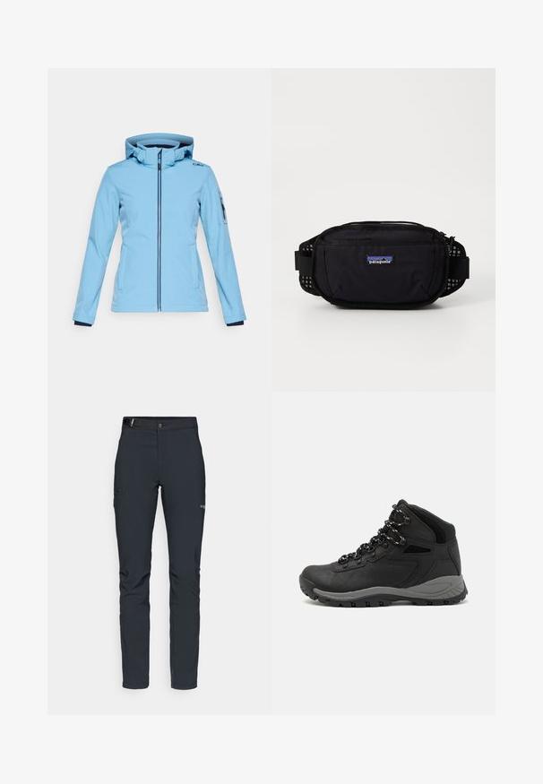 CMP ZIP HOOD - Veste softshell - niagara; T-shirt blanc court en coton avec un col rond et des manches courtes. Présente un logo noir sur le côté gauche de la poitrine.; Pantalons de plein air pour hommes, gris foncé, fabriqués en matériau flexible, dotés d'une ceinture, de poches zippées et de coutures renforcées.; Botte de randonnée noire au design mi-haut, avec un dessus texturé, des accents gris et une semelle en caoutchouc durable avec des crampons de traction.; Sacoche Patagonie noire avec compartiment principal zippé, accents en mesh sur les côtés et sangle ajustable. Présente le logo de la marque à l'avant.