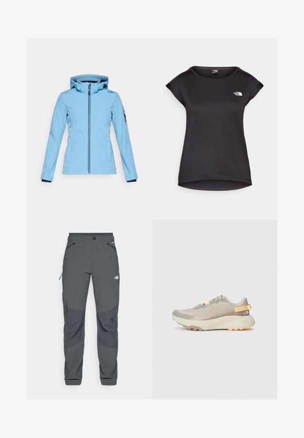 CMP ZIP HOOD - Chaqueta softshell - niagara; The North Face TANKEN TANK - Camiseta deportiva - black; Pantalones de exterior gris oscuro con parches de refuerzo en las rodillas, bolsillos laterales y frontales con cremallera, cierre de botón y el logo de The North Face en el muslo.; Zapatilla de running beige claro con parte superior de malla texturizada, acentos grises, suela de goma duradera y un tirador trasero para facilitar el uso.
