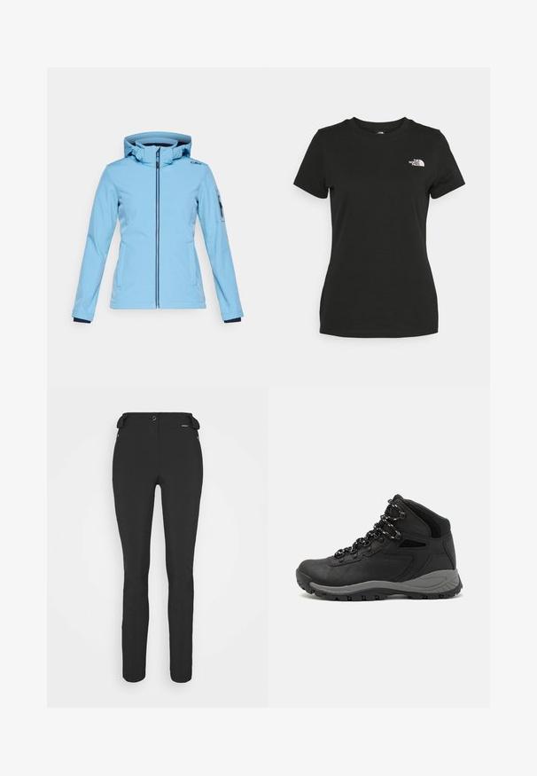 CMP ZIP HOOD - Soft shell jacket - niagara; Black cotton t-shirt featuring a crew neckline and short sleeves. Notable white logo on the upper left side. Smooth texture, casual fit.; Black, fitted pants made from a flexible material. Features include a zippered side pocket, articulated knees, and a smooth texture.; Black hiking boot with a mid-top design, featuring a textured upper, gray accents, and durable rubber sole with traction lugs.