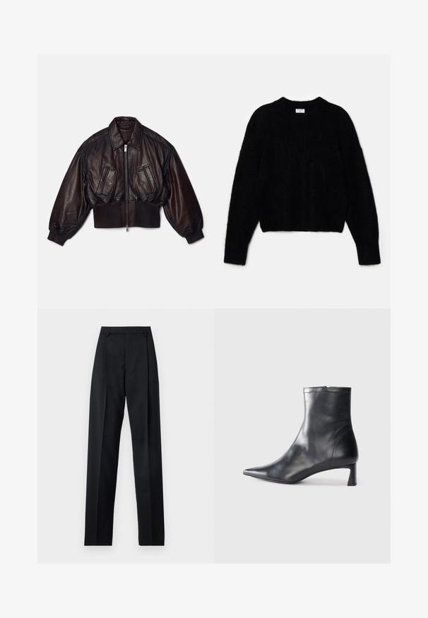 Holzweiler SAPHRA JACKET - Giacca di pelle - dark brown; Maglione cropped nero realizzato in materiale soffice. Presenta un colletto rotondo e maniche lunghe con una consistenza morbida. Design minimale, senza fantasie.; Pantaloni neri realizzati in tessuto morbido, caratterizzati da vita alta, gambe larghe, pince frontali e classiche passanti per cintura. Non ci sono tasche laterali visibili.; Stivaletto in pelle nera con punta affusolata e design elegante. Presenta un tacco basso e una chiusura con zip sul retro. Texture liscia.