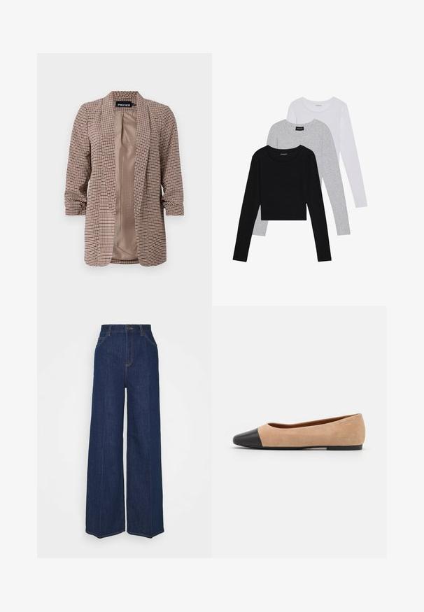 Blazer de cuadros en tonos marrones con un forro interior ligero, mangas largas arremangadas en los puños y un corte entallado.; Tres camisetas de manga larga apiladas: negra, gris y blanca. Cada una tiene un escote redondo y un diseño recortado con una tela suave y ligera.; Jeans de mezclilla oscuros de tiro alto y pierna ancha, con bolsillos delanteros y traseros, cierre de botón y detalles de costura visibles.; Bailarina de ante beige con una puntera redondeada de cuero negro, tacón bajo y textura suave, que presenta costuras mínimas y un diseño limpio.