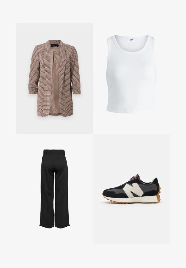 Plaid blazer in brown tones with a light inner lining, long sleeves rolled at the cuffs, and a tailored cut.; White ribbed tank top featuring a round neckline, sleeveless design, and a cropped length. Label reads "JJXX." Smooth fabric texture.; Black, wide-leg pants with an elastic waistband, made from smooth fabric. Features a clean design with no pockets or visible stitching details.; Black and gray suede sneaker with a large cream-colored "N" logo, purple laces, and a textured gum rubber outsole.