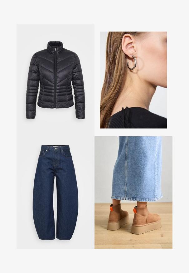 Black puffer jacket with a high collar, zip closure, chevron quilted pattern, and a fitted design. Made from lightweight, shiny material.; Even&Odd Petite 2 PACK - Top - light grey/black; Dark blue denim jeans with a wide, relaxed fit. Features a zip fly, four pockets, and contrasting stitching along seams.; Brown suede platform boots with elastic side panels and orange pull tabs, paired with a knee-length light denim skirt on a wooden floor.; Silver hoop earring with a polished finish, featuring small gold accent details and a round shape, worn on the lobe.