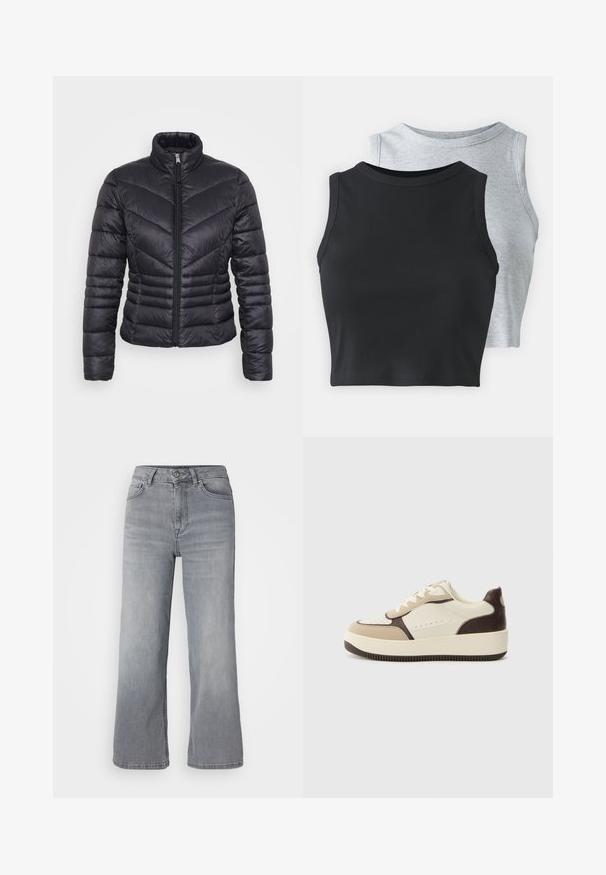 Čierna prešívaná bunda s vysokým golierom, zipsovým zapínaním, vzorom v šípkach a priliehavým strihom. Vyrobená z ľahkého, lesklého materiálu.; Even&Odd Petite 2 PACK - Top - light grey/black; Svetlo šedé denimové nohavice s voľným strihom a vysokým pásom, piatimi vreckami a klasickým zipsom a gombíkom. Mäkká textúra s jemným vyblednutím.; Béžové a krémové tenisky s tmavohnedými akcentmi, ktoré majú štruktúrovaný materiál, perforované detaily a štruktúrovanú gumovú podrážku.