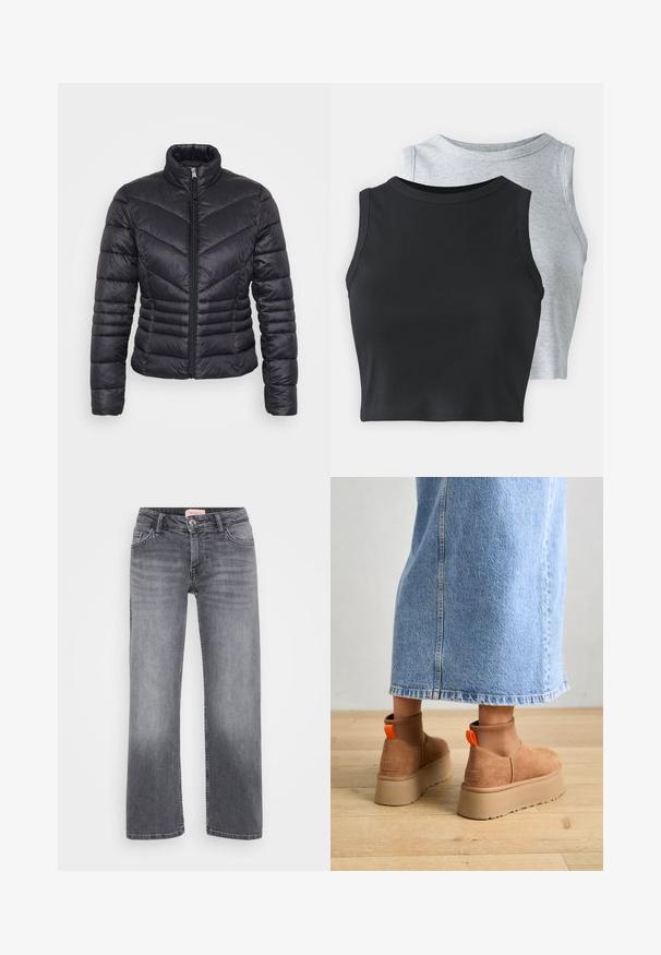 Schwarze Daunenjacke mit hohem Kragen, Reißverschluss, Chevron-Steppdesign und taillierter Passform. Hergestellt aus leichtem, glänzendem Material.; Even&Odd Petite 2 PACK - Top - light grey/black; Graue Jeans aus Denim mit geradem Bein, fünf Taschen, dezentem Verblassen und einem Knopfverschluss in der Taille.; Braune Wildleder-Plateau-Stiefel mit elastischen Seitenpaneelen und orangen Zuglaschen, kombiniert mit einem knielangen hellen Jeansrock auf einem Holzboden.