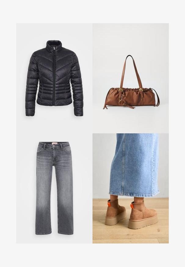 Sort pufferjakke med høj krave, lynlås lukning, chevron quiltet mønster og en tætsiddende design. Fremstillet af letvægts, skinnende materiale.; Even&Odd Petite 2 PACK - Top - light grey/black; Grå denim jeans med lige bendesign, fem-lommestil, subtil fading og trykknaplukning i taljen.; Brune ruskinds platform støvler med elastiske sidepaneler og orange trækstropper, parret med en knælang lys denimnederdel på et trægulv.; Brun læderhåndtaske med samlet top, justerbare stropper og metalaccenter. Har en rund flettet detalje på siden.; Sølv hoop ørestik med en poleret overflade, prydet med små guld accenter og en rund form, båret på øreflippen.